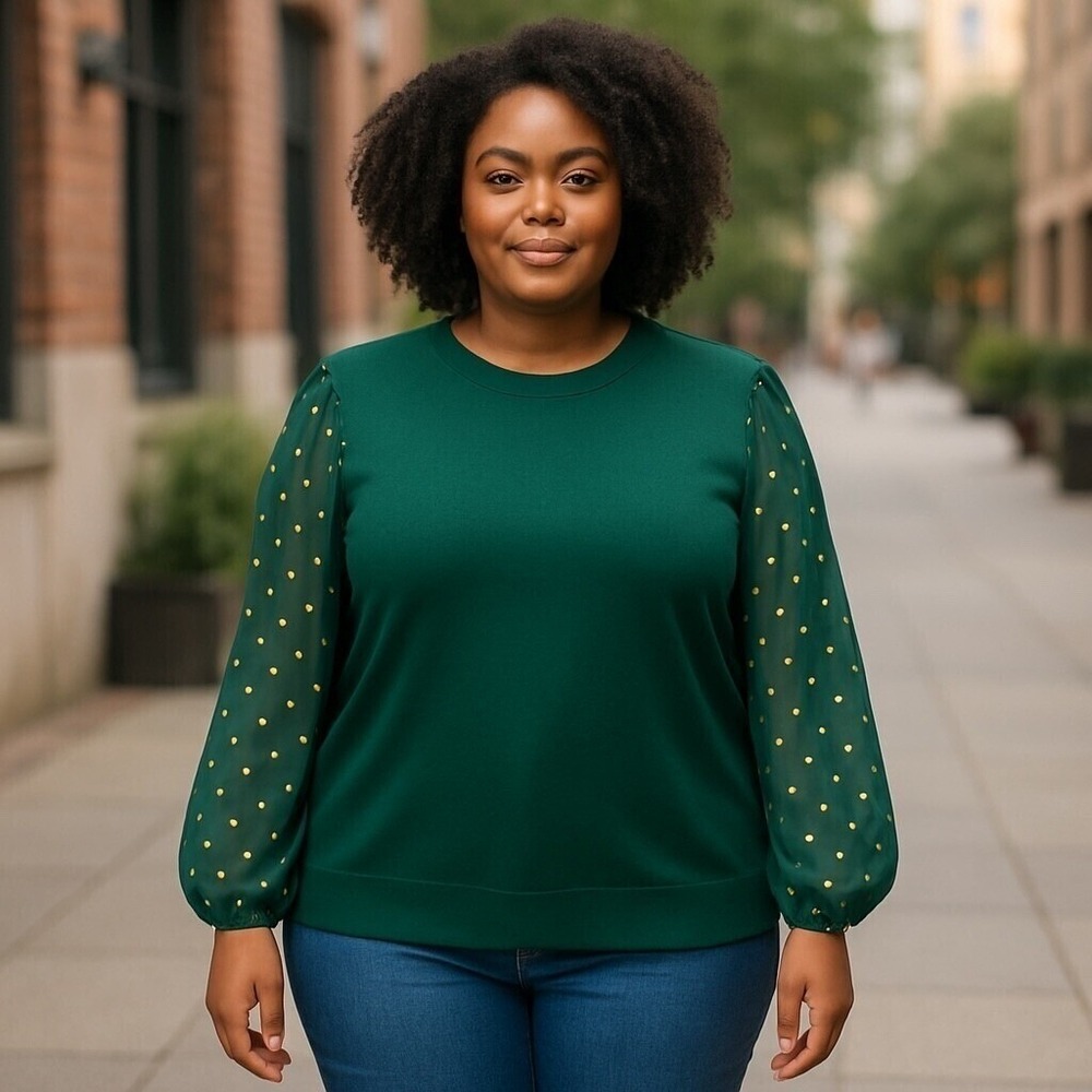Indigo Rose Blouse Sheer Sleeve‎ Gold Square Accents Top Green 2X